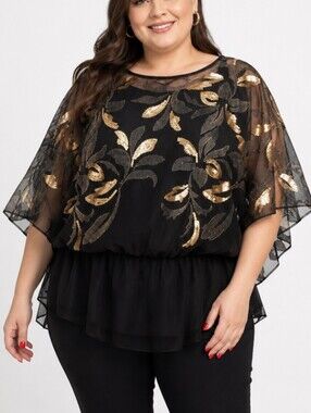 Collection Dressbarn 1X Black Gold Sequin Floral Mesh Poncho Blouse
